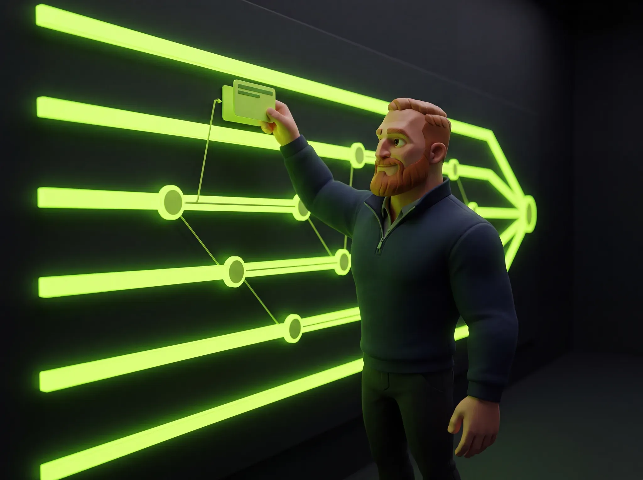 Andy's stylised 3D avatar tracing a delivery flow across a glowing wall.