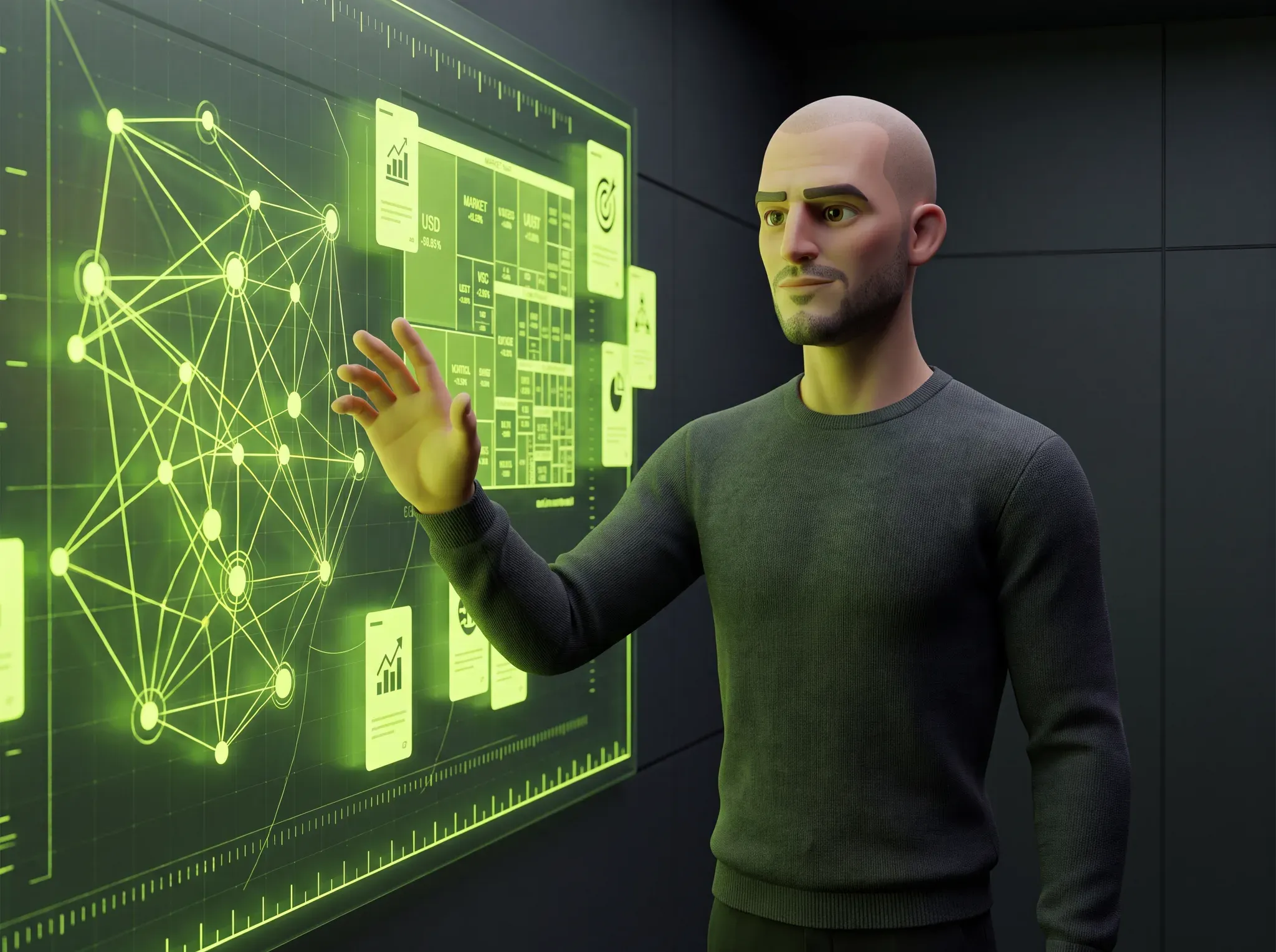 Henry's stylised 3D avatar reading a strategy wall of live programme data.