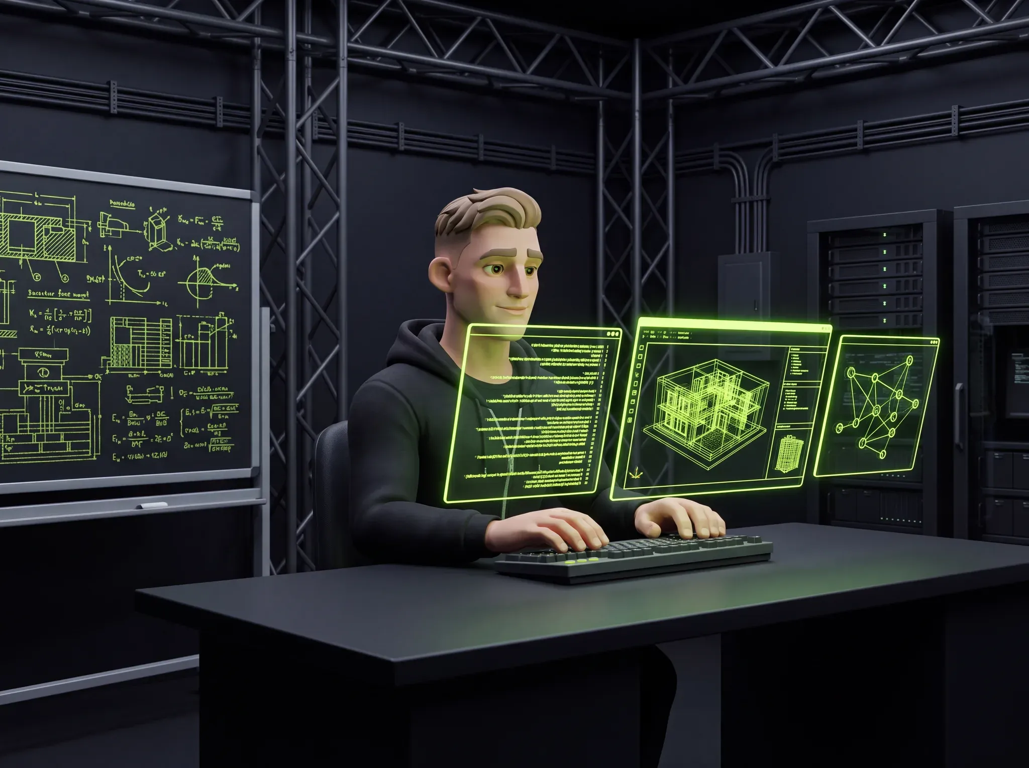 Matt's stylised 3D avatar at a desk of holographic architecture and code.